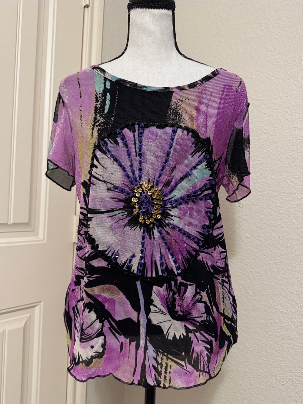 Vintage Purple Floral Sequin Short Sleeve Top